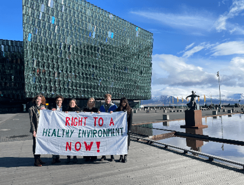 Group of activists holding a banner reading 'RIGHT TO A HEALTHY ENVIRONMENT NOW!' outside a modern building on a sunny day.